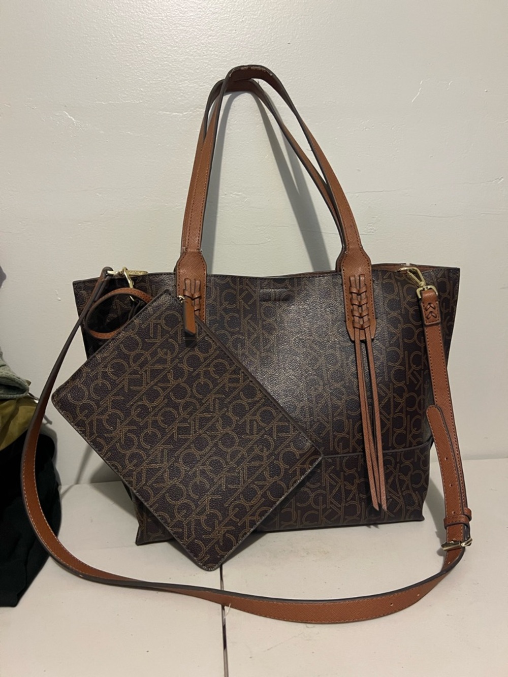Calvin Klein Dark Brown Monogram Tote with Tan Trim